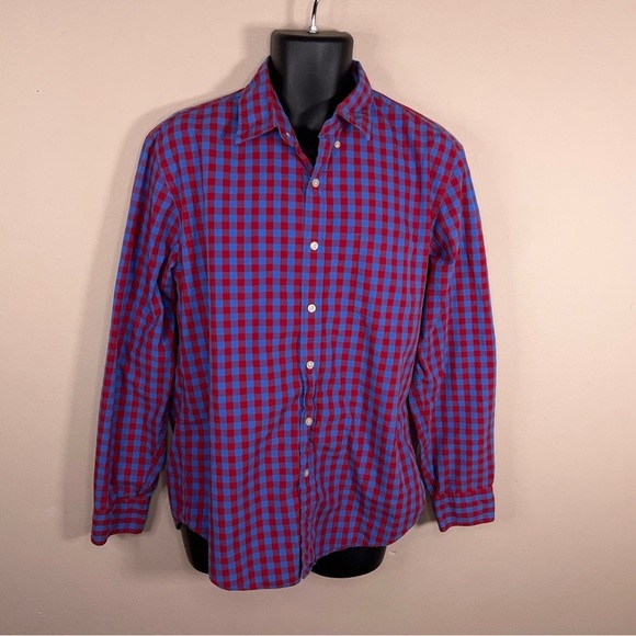 Large J Crew Mens Plaid Shirt Blue Red Cotton Button Front Long Sleeve Preppy - Picture 8 of 13